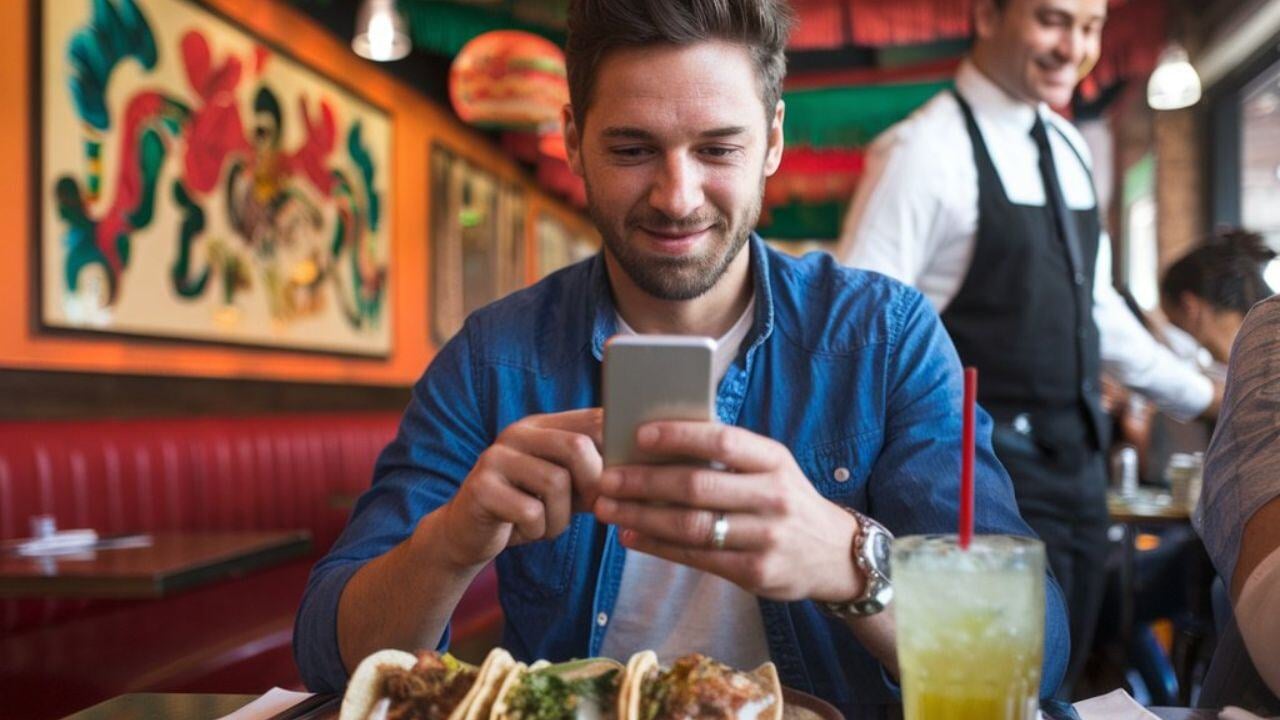 Comensal utilizando su teléfono en restaurante mexicano