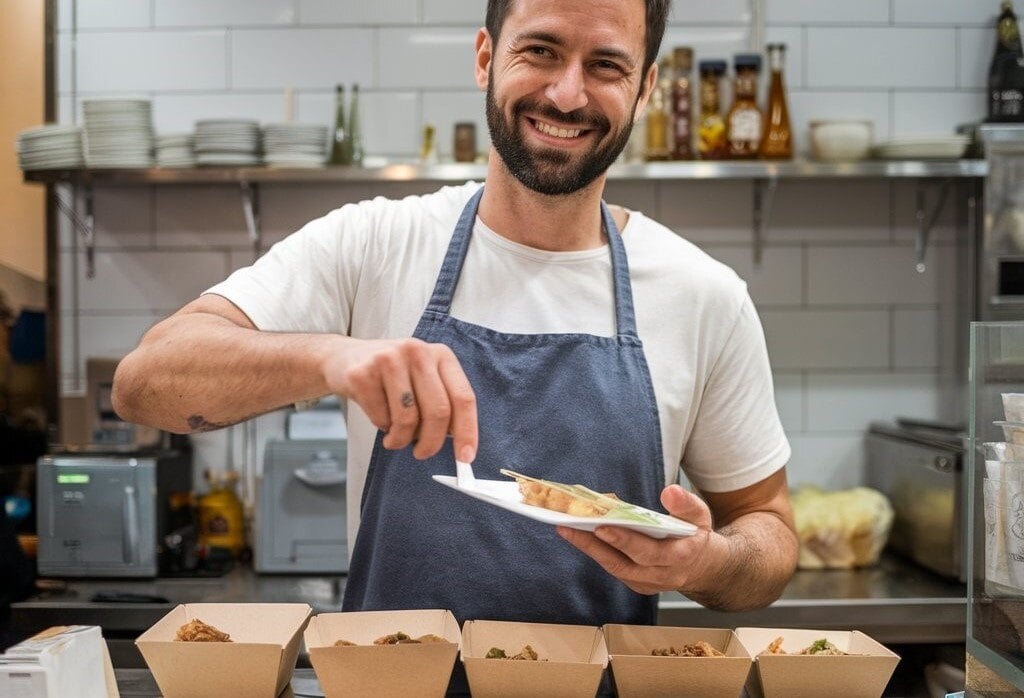 hombre gastronómico con bandejas de comida